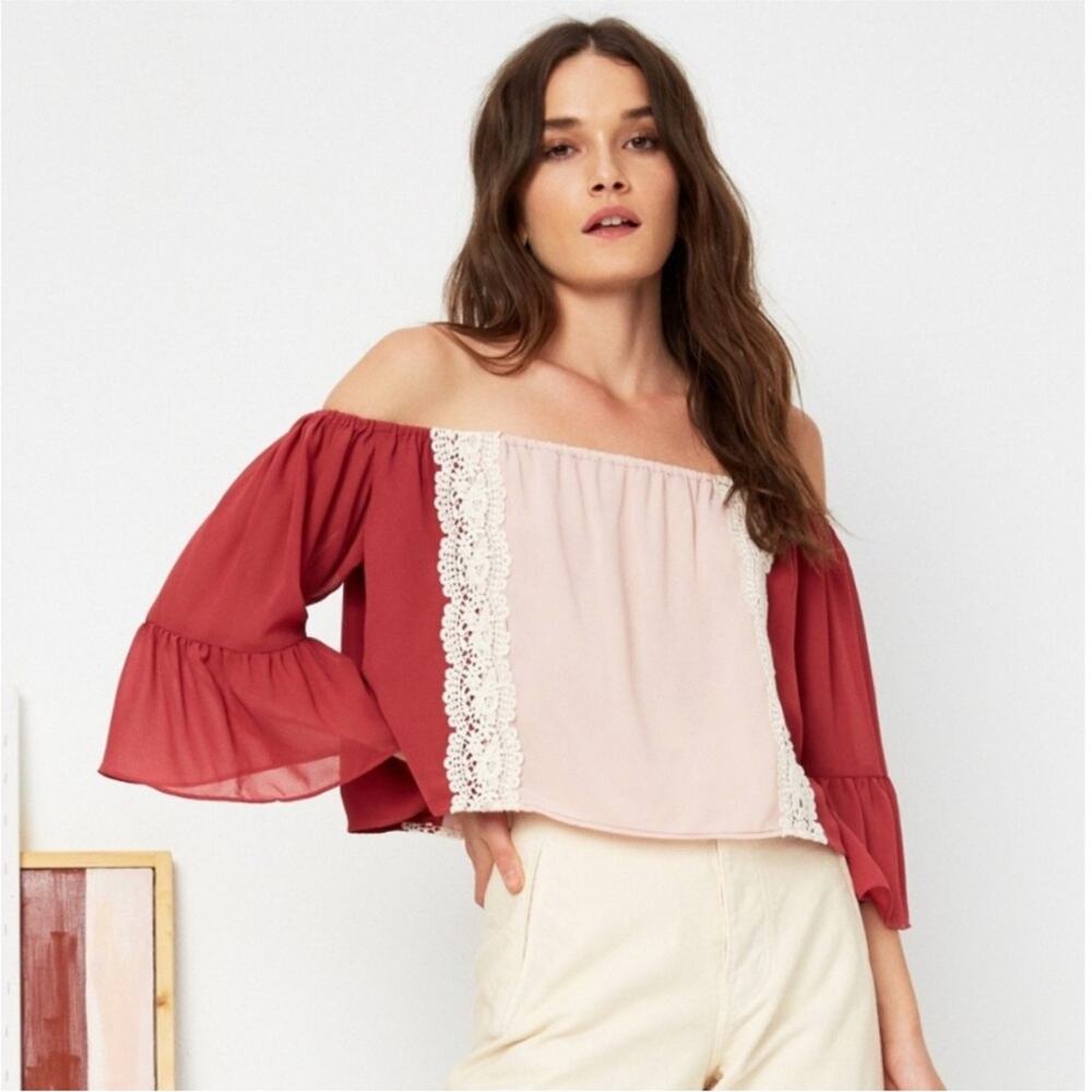 NEW TULAROSA Pink Red Rose White Lace Colorblock Boho Alexa Blouse Top Shirt S - Picture 5 of 13